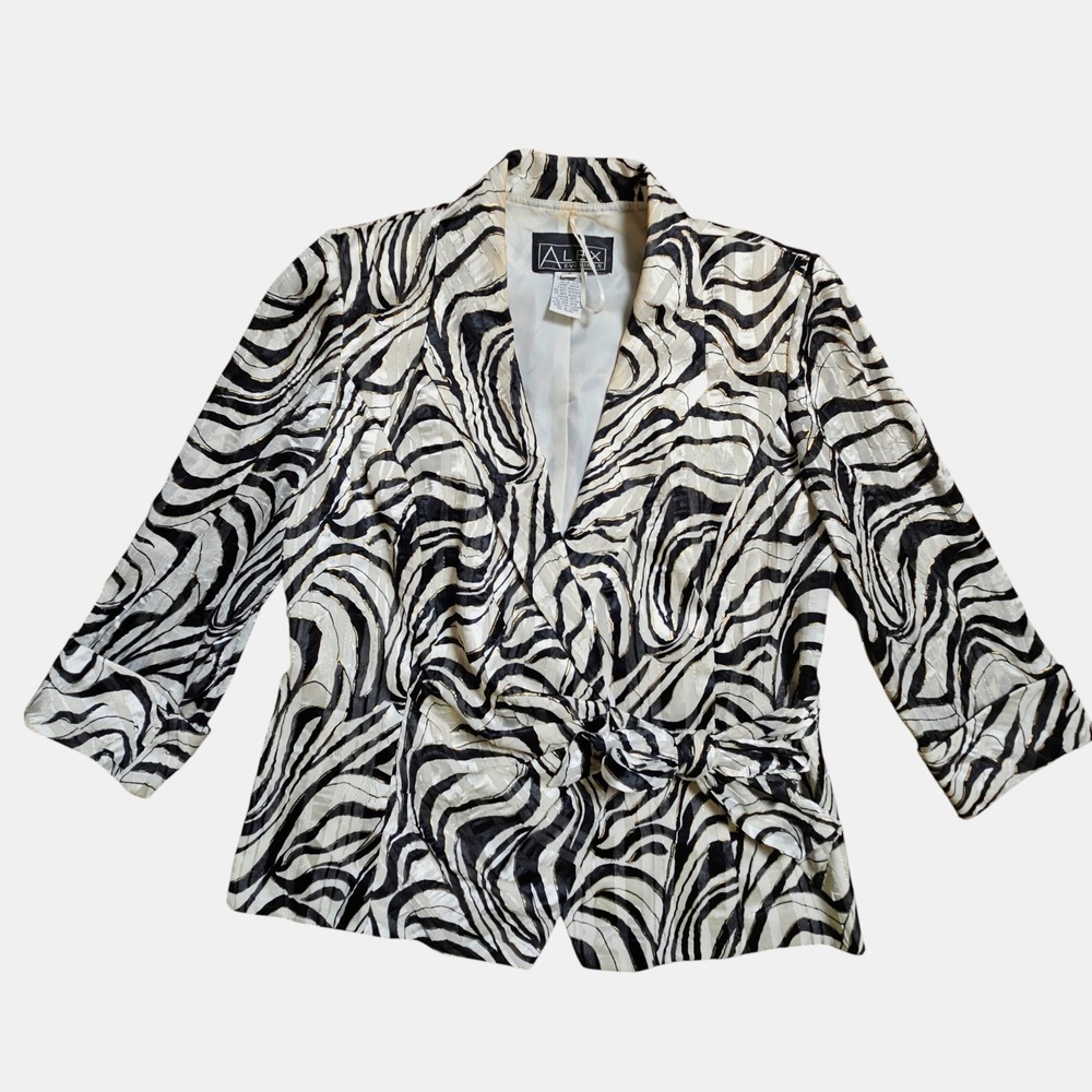 Alex Evenings Zebra Animal Print 3/4 Sleeve Tie Front Blazer Jacket S Retro‎ 90s